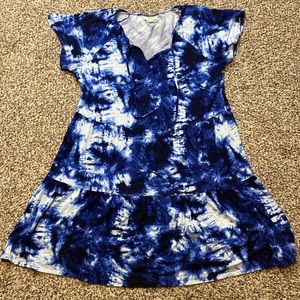 Style & Co. Tiered Tye Die Short Sleeve Dress Blue & White